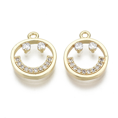 Brass Micro Pave Clear Cubic Zirconia Charms, Nickel Free, Flat Round with Smiling Face