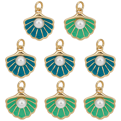 8Pcs 2 Colors Brass Enamel Pendants, Shell Shape Charms with ABS Imitation Pearl Beads and Jump Rings, Rack Plating, Cadmium Free & Lead Free, Long-Lasting Plated