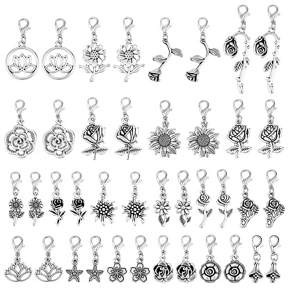 40 pièces 20 décorations pendentifs en alliage de style floral, avec alliage homard fermoirs pince