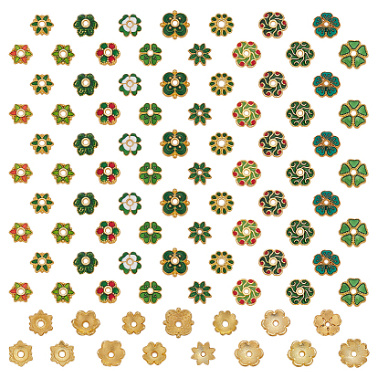 90шт. 15 стили эмалированные колпачки для бусин из сплава, без кадмия и без свинца, долговечный, золотые, цветок