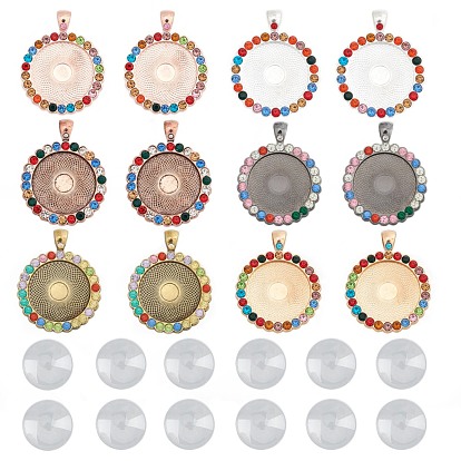 DIY Pendant Making, with Flat Round Alloy Rhinestone Pendant Cabochon Settings and Transparent Glass Cabochons