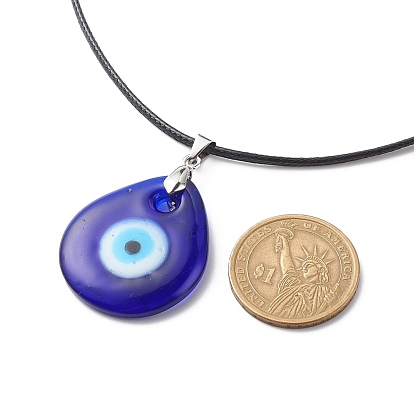 Blue Lampwork Evil Eye Pendant Necklace with Waxed Cord for Women