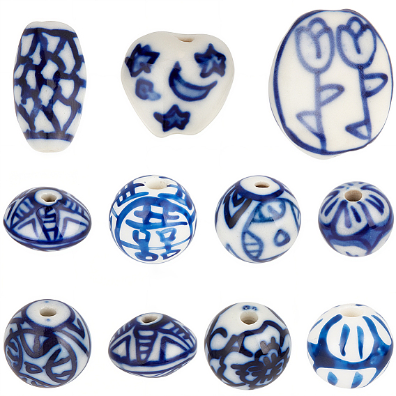 40шт 11 стили фарфоровые бусины ручной работы, белый и голубой фарфор, баррель