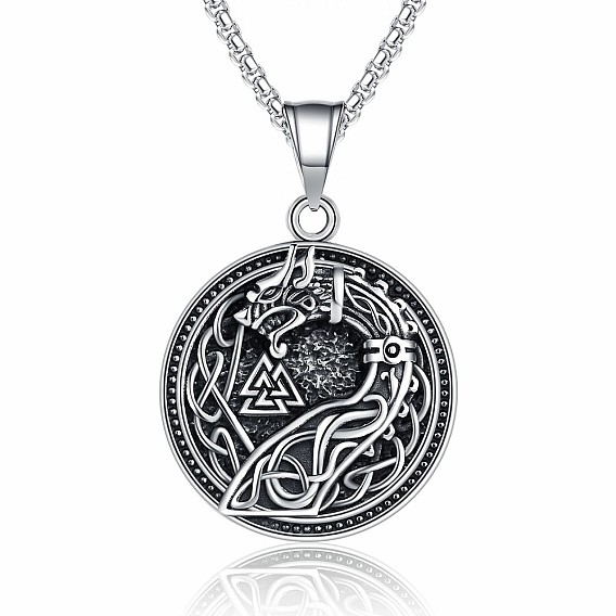 Collares vintage de acero inoxidable con colgante de dragón redondo plano vikingo en relieve para hombre