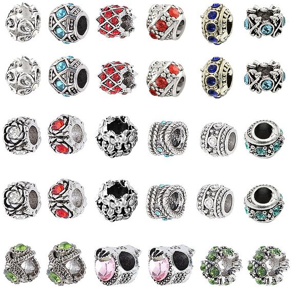 Старинное серебро покрытием сплава европейских бисер, бусины с большим отверстием, со стразами, разнообразные