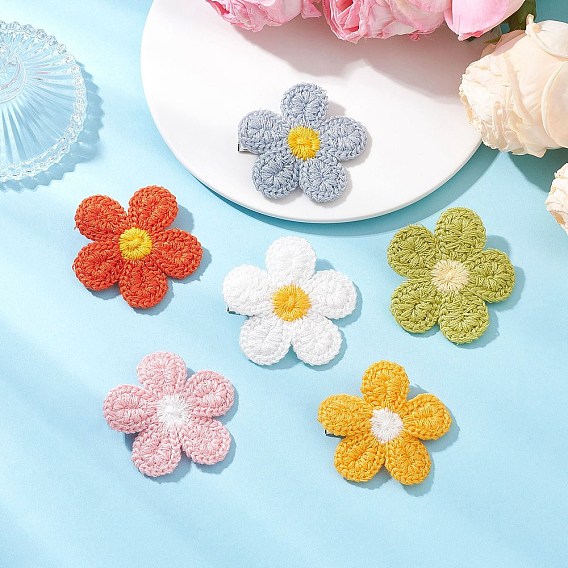 Аксессуары для волос из полиэстера с компьютерной вышивкой, цветок, с фурнитурой из плоской железной заколки для волос из кожи аллигатора