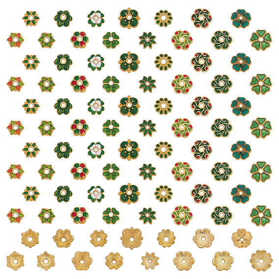 90шт. 15 стили эмалированные колпачки для бусин из сплава, без кадмия и без свинца, долговечный, золотые, цветок