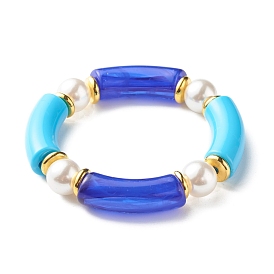 Klobiges Acryl-Stretch-Armband mit gebogenen Rohrperlen für Teenager-Mädchen, Armband aus Kunststoffperlen und Messingperlen, golden