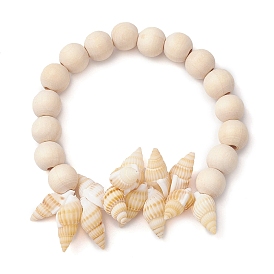 Summer Beach Natural Spiral Shell Stretch Bracelets, 8mm Round Wood Beaded Stretch Bracelets for Women