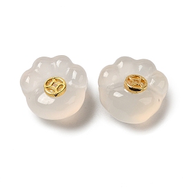 Natural White Chalcedony Beads, Paw Print with Golden Tone Brass Coin