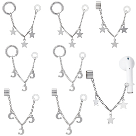 8Pcs 4 Styles Stainless Steel Cuff Earrings, Chain Charm, Moon & Star