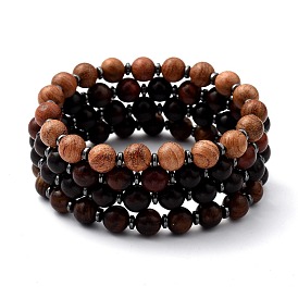 Natural Wood Beaded Stretch Bracelets, with Non-Magnetic Synthetic Hematite Beads