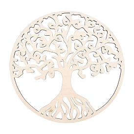 Wood Carved Onlay Applique Craft, Unpainted Onlay Furniture Home Decoration, Flat Round with Tree of Life