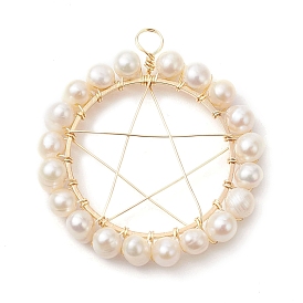 Natural Cultured Freshwater Pearl Round Beaded Ring Pendants, Copper Wire Wrapped Pentagram Charms