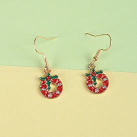Cartoon Christmas Wreath Drip Oil Earrings - Festive Fashion Jewelry Gift Set