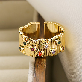 Vintage Wide Band Ring with CZ Stones, 18K Gold Plated for Women
