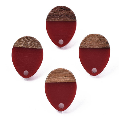 Opaque Resin & Walnut Wood Stud Earring Findings, with 304 Stainless Steel Pin, Teardrop