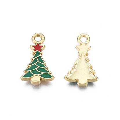 Rack Plating Alloy Enamel Pendants, Cadmium Free & Nickel Free & Lead Free, Light Gold, Christmas Tree with Star