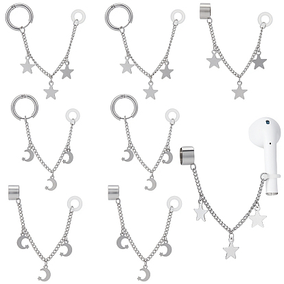 8Pcs 4 Styles Stainless Steel Cuff Earrings, Chain Charm, Moon & Star