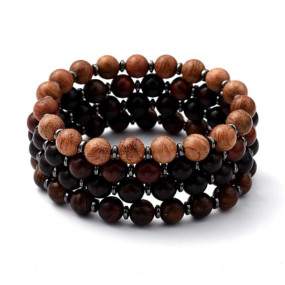 Natural Wood Beaded Stretch Bracelets, with Non-Magnetic Synthetic Hematite Beads