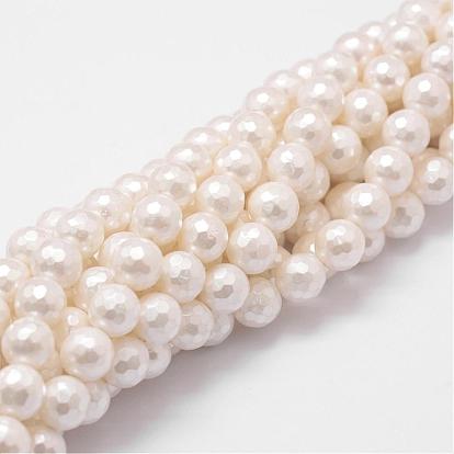 Shell Pearl Bead Strands, Grade A, Faceted Round