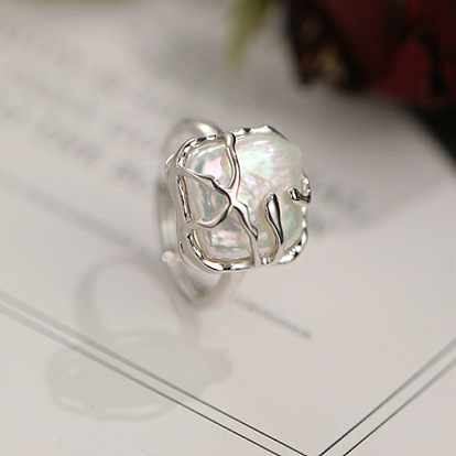 Квадратные кольца из стерлингового серебра с родиевым покрытием и натуральным барочным пресноводным жемчугом для женщин