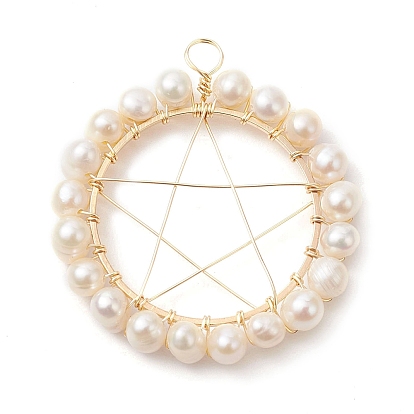 Natural Cultured Freshwater Pearl Round Beaded Ring Pendants, Copper Wire Wrapped Pentagram Charms