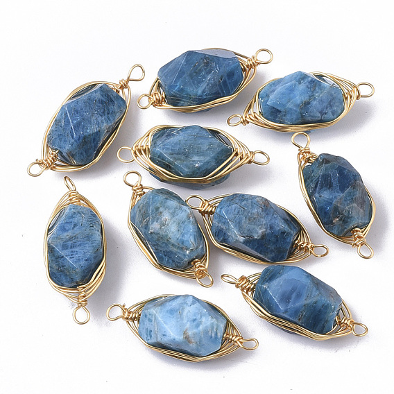 Natural Gemstone Links Connectors, Wire Wrapped Links, with Golden Tone Brass Wires, Faceted, Oval