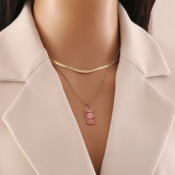 304 двухслойные ожерелья из нержавеющей стали с эмалированным глазом и луной для женщин, золотые