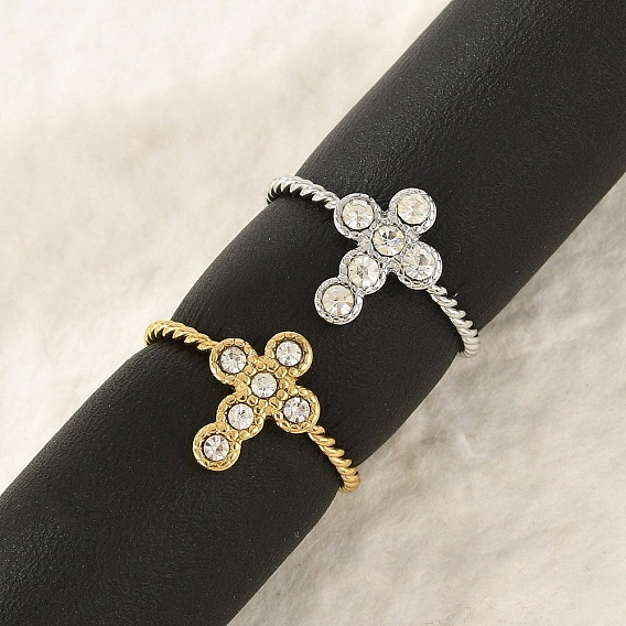 304 Кольца-манжеты из нержавеющей стали с кристаллами и стразами для женщин, крест открытые кольца