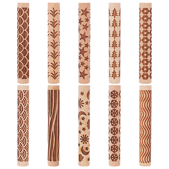 10Pcs 10 Styles  Wooden Rolling Pin, for Baking Embossed Cookies, Kitchen Tool