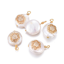 Natural Cultured Freshwater Pearl Pendants, with Brass Micro Pave Cubic Zirconia Findings, Nuggets with Flower, Golden