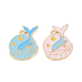 Rack Plating Alloy Pendants, with Enamel, Golden, Flat Round with Fishtail Charm