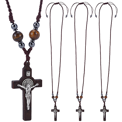 4Pcs Natural Tiger Eye Round Bead & Synthetic Hematite Bead & Wood Cross Pendant Necklaces