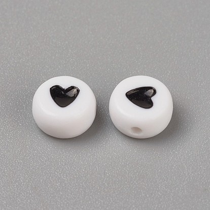 Perles émail acrylique, plat et circulaire avec coeur