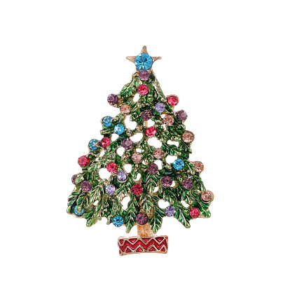 Christmas Tree Alloy Enamel Brooches, with Rhinestone, Enamel Pins, Light Gold