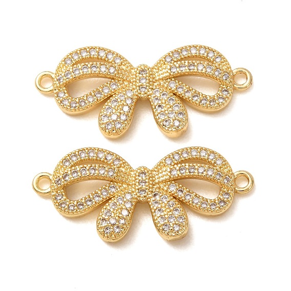 Brass Micro Pave Clear Cubic Zirconia Connector Charms, Bowknot Links, Rack Plating, Long-Lasting Plated, Cadmium Free & Lead Free