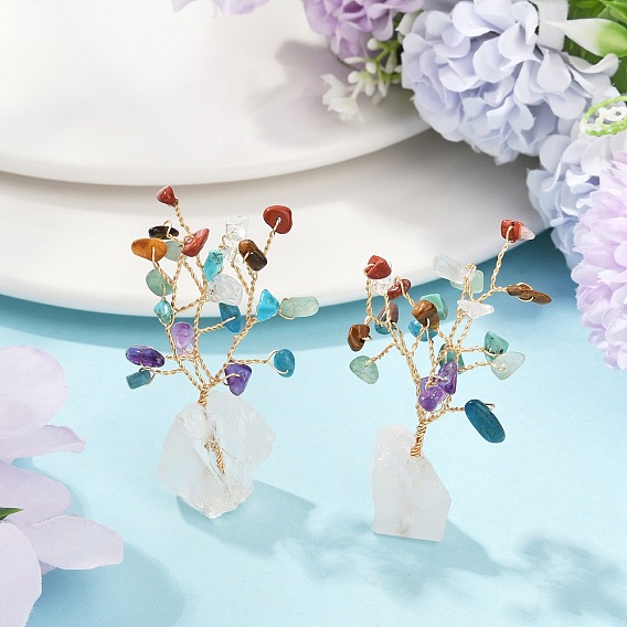 Натуральные смешанные драгоценные камни щепки дерево жизни витрина украшения, основа из драгоценного камня с медной проволокой, фен-шуй энергетический камень подарок для домашнего офиса украшение рабочего стола