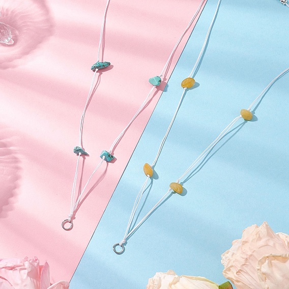 2Pcs 2 Styles Natural Topaz Jade & Synthetic Turquoise Chip Beads Necklace Making with 304 Stainless Steel Jump Rings and Nylon Thread, Stainless Steel Color