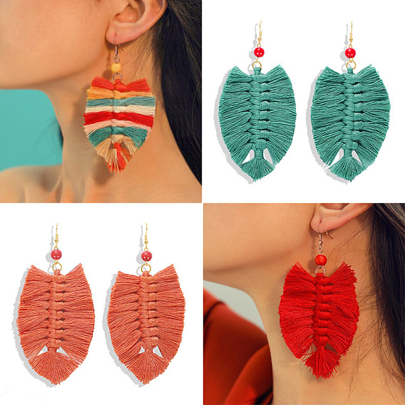 Boho Tassel Earrings with Handmade Knitted Thread and Alloy Accents
