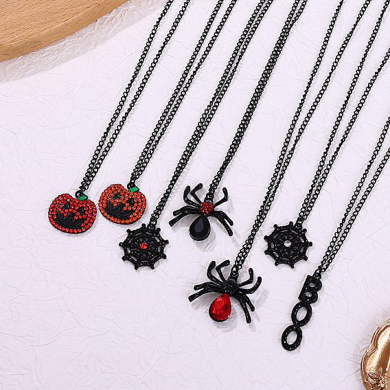 Halloween Alloy Rhinestone Enamel Spider Web Ghost Pumpkin Pendant Necklaces for Unisex