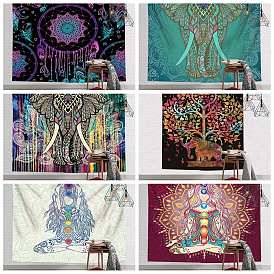 Elephant/Yoga/Woven Net/Web with Feather Tapestries, Polyester Bohemian Wall Hanging Tapestry, for Bedroom Living Room Decoration, Rectangle