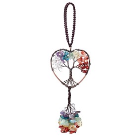 Wire Wrapped Chips Natural Gemstone Big Pendant Decorations, with Iron Wires and Polyester Cord, Heart with Tree of Life