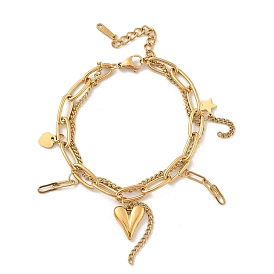 304 двухрядные браслеты из нержавеющей стали, браслеты из скрепок и цепочек для женщин, с сердцем очарование