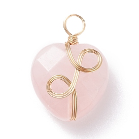 Natural Rose Quartz Pendants, with Light Gold Tone Copper Wire Wrapped, Faceted, Heart