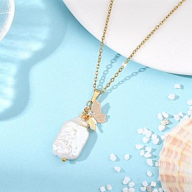 Прямоугольный кулон из натурального жемчуга кеши из бораке и латунных хрустальных стразов в виде бабочки 304 цепочка из нержавеющей стали для женщин, белые