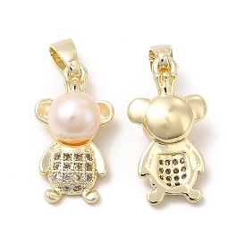 Brass Micro Pave Cubic Zirconia Pendants, with Pearl, Bear Charm