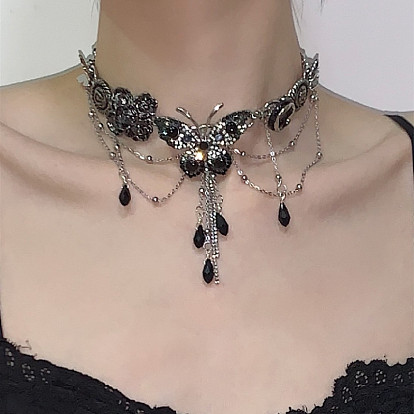 Black Crystal Tassel Necklace with Butterfly Titanium Steel Pendant - Multilayer, Unique, Choker.