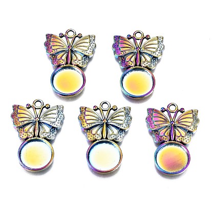 Alloy Pendants Cabochon Settings, Cadmium Free & Nickel Free & Lead Free, Flat Round with Butterfly