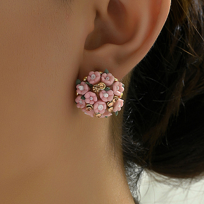 Plastic 3D Flower Hoop Earrings with Cubic Zirconia, Real 18K Gold Plated Alloy Earrings